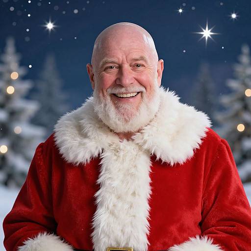 Photograph of a smiling, bald, elderly white man with a white beard, wearing a red Santa Claus robe with white fur trim, against a snowy