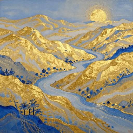 Digital painting of a golden, sunlit mountain landscape with a winding blue river, dotted with trees, and a bright sun in the sky.