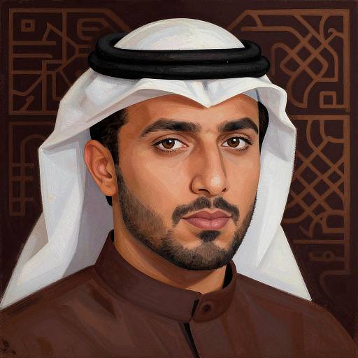Digital portrait of a Middle Eastern man with olive skin, dark brown eyes, trimmed beard, white keffiyeh, and black headband, wearing