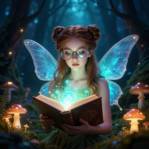 Fantastical digital artwork of a fairytale fairy with blue glowing wings, glasses, and brown hair, reading a glowing book in a dark forest