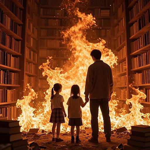 Photograph of a man and two young girls standing in front of a large library fire, silhouetted by bright flames, surrounded by tall book