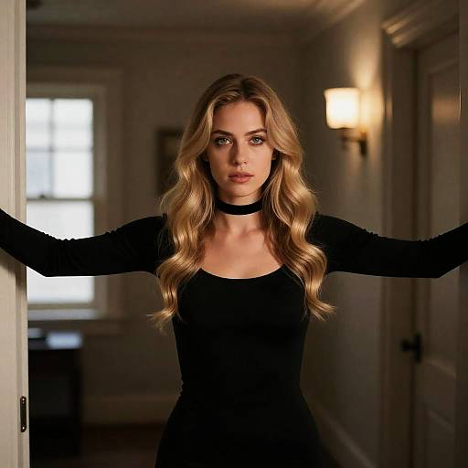 Captivating Woman in Dimly Lit Hallway