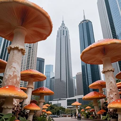 Photograph of giant orange mushrooms in a cityscape, with tall skyscrapers in the background, including the Willis Tower, under a bright sky.