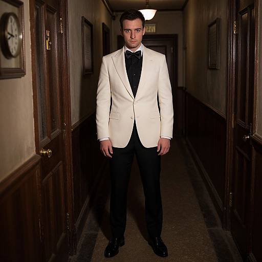 Photograph of a handsome young man in a white tuxedo jacket, black bow tie, and black pants, standing in a dimly lit,