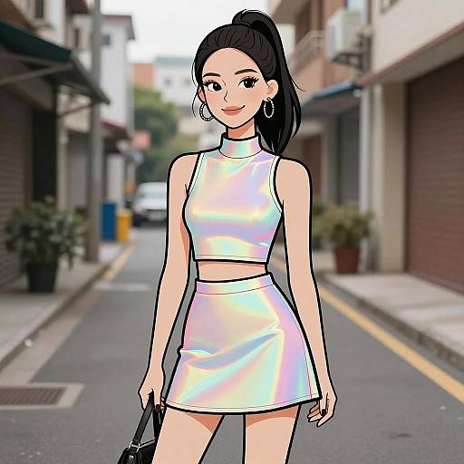 Digital anime-style drawing of a smiling Asian woman with long black hair in a ponytail, wearing a shiny white crop top and mini skirt, holding a