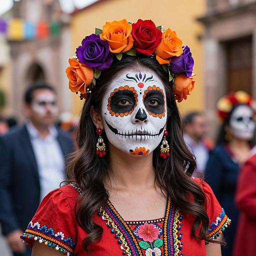 Photograph of a woman in a Day of the Dead costume with white face paint, orange and purple flower crown, red dress, surrounded by blurred festival