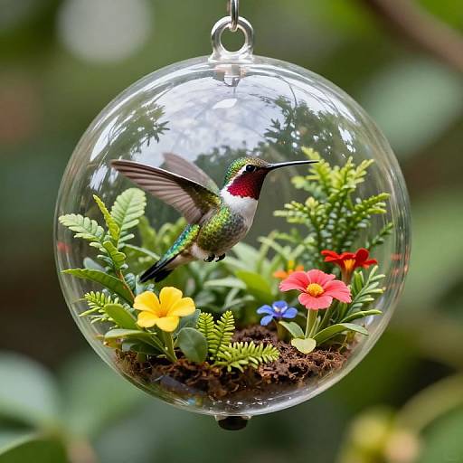 Photograph of a hummingbird with iridescent green and red feathers, hovering inside a clear glass globe filled with colorful flowers and greenery.