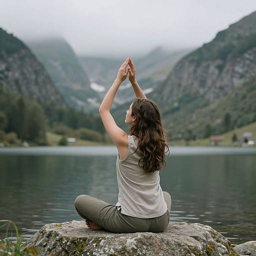 Photograph of a woman with wavy brown hair, wearing a white sleeveless top and green pants, meditating on a rock by a serene mountain