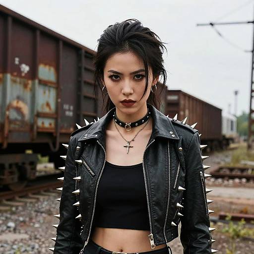 Punk Woman in Spiky Jacket at Train Yard