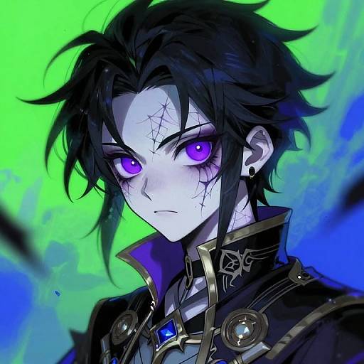Digital anime-style portrait of a pale, black-haired male with purple eyes, scarred face, and dark, ornate clothing against a vibrant green-blue