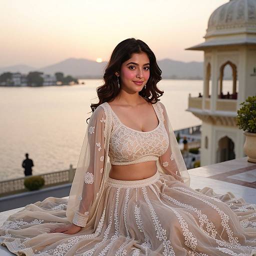 Photograph of a South Asian woman with long black hair, wearing a white, lace-embellished crop top and sheer, long-sleeve