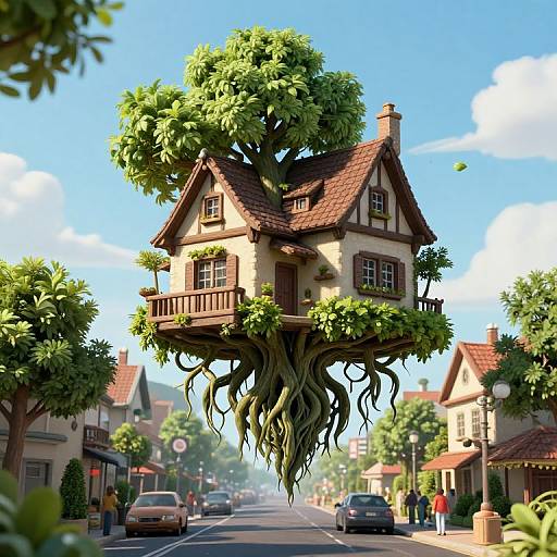 CGI fantasy image: whimsical treehouse with brown shingles and greenery, suspended by thick vines, in a sunny, quaint street with colorful