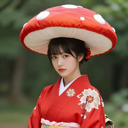Photograph of an Asian woman with fair skin, wearing a red kimono with white floral patterns, and a large red mushroom hat with white spots,