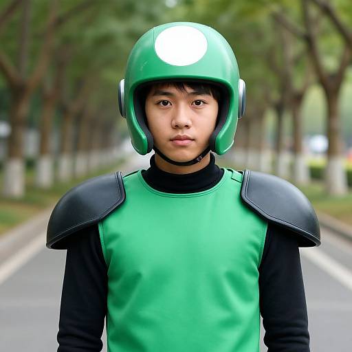 Photograph of a young Asian boy with medium skin tone, wearing a green helmet, green and black armored vest, and black long-sleeve shirt