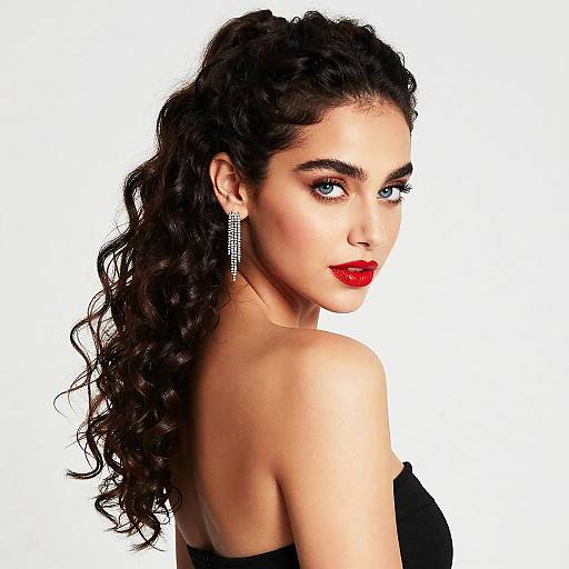 Photograph of a beautiful woman with long, curly black hair, red lipstick, and sparkling earrings, looking over her shoulder against a white background.
