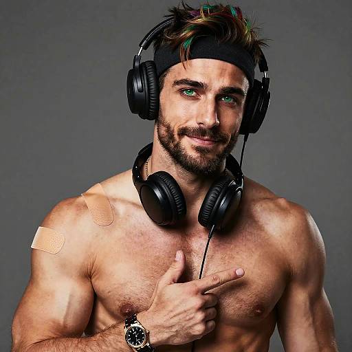 Photograph of a shirtless, muscular man with green eyes, black headphones, headband, and bandages on his shoulder, giving a thumbs-up