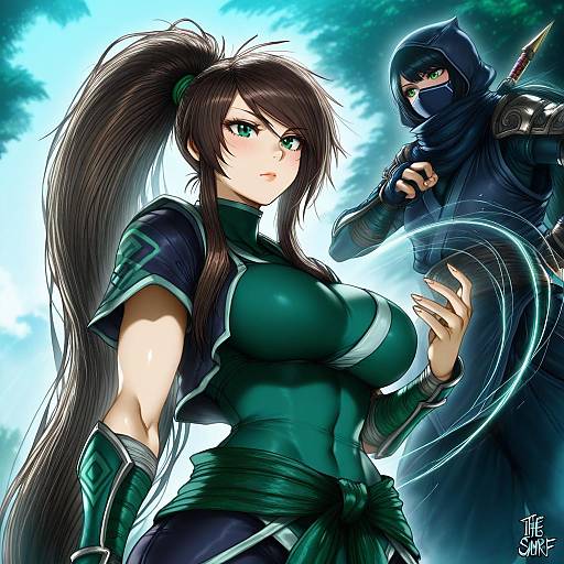 Illustration of Akali (legacy), league of legends in the style of The golden smurf