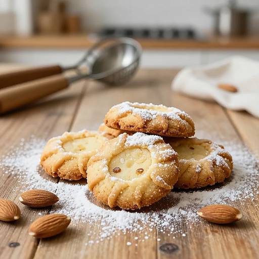 Photograph of golden, powdered sugar-dusted cookies piled on a wooden table, surrounded by almond halves and a metal spoon in the background.