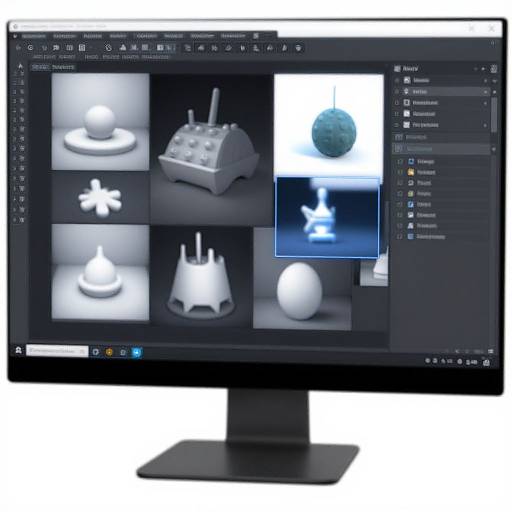 Photograph of a computer monitor displaying a graphic design software interface with five grayscale 3D object thumbnails on a dark background.