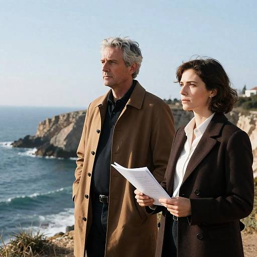 Photograph of a gray-haired man in a tan coat and a dark-haired woman in a black coat holding papers, standing on a coastal cliff with ocean