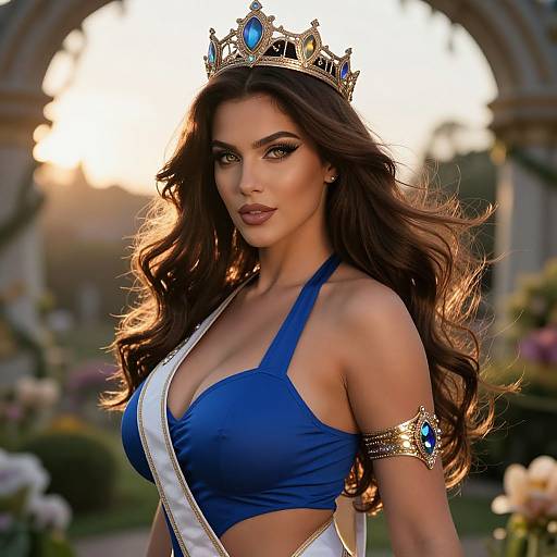Photograph of a beautiful, dark-haired woman with long waves, wearing a blue halter top, white sash, gold crown with blue gem,