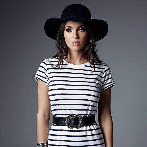 Photograph of a woman with straight black hair, wearing a black wide-brim hat, white striped t-shirt, black belt with buckle, and grey