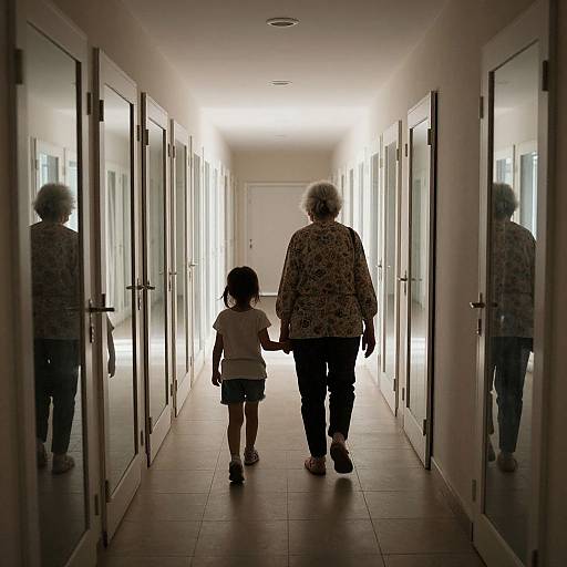 Photograph of elderly woman with short white hair and young girl with black hair, walking down a long, brightly lit hallway with mirrored doors.