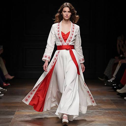 Photograph of a confident woman with wavy brown hair, wearing a white embroidered dress with red lining and sash, walking down a dark, wooden