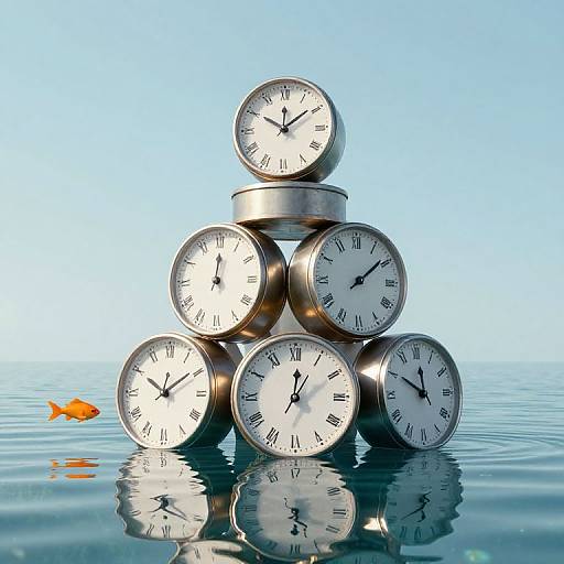 Photograph of eight silver analog clocks stacked pyramid-style on calm water with a small orange fish swimming nearby.