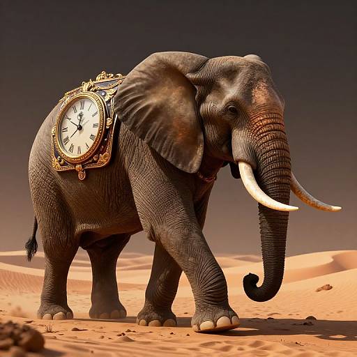 Digital artwork of a gray elephant with large white tusks, wearing an ornate, gold-framed clock on its back, standing in a desert with
