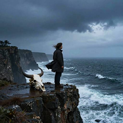 Lone Wanderer on Rainy Coastal Cliff