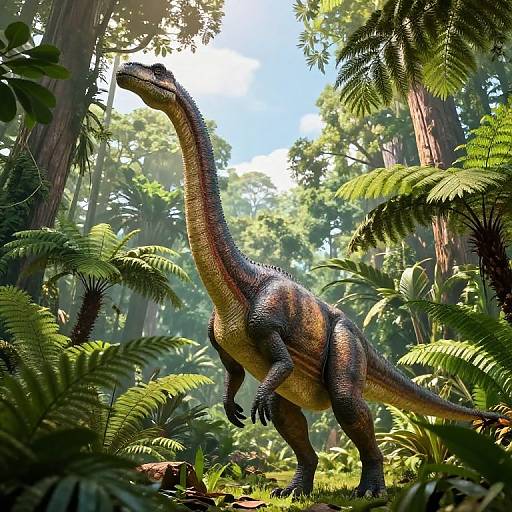 Digital artwork of a large, realistic Velociraptor standing in a lush, sunlit forest with tall trees and ferns. Bright light filters through