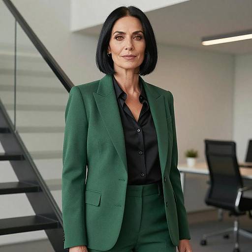 Photograph of a confident woman with black bob haircut, wearing green blazer and black shirt, standing in modern office with staircase and desk in background.