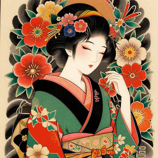 Digital illustration of a serene Asian woman in a green and black kimono, adorned with vibrant red and yellow flowers, delicately touching her face, surrounded