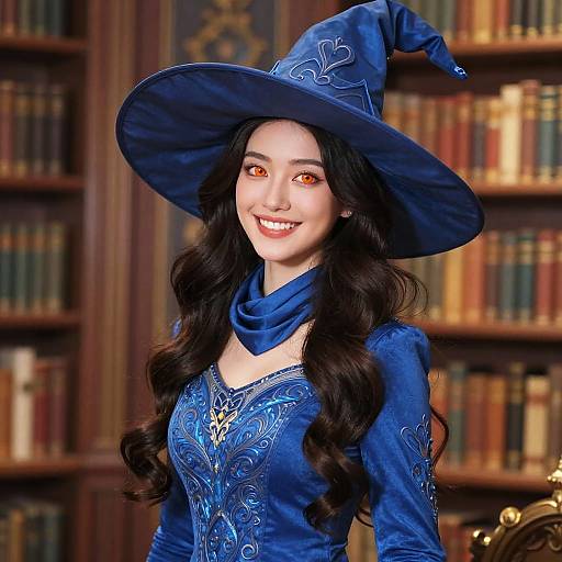 Photograph of a smiling woman with long dark hair, wearing a blue wizard hat and matching ornate blue dress, standing in a library with booksh