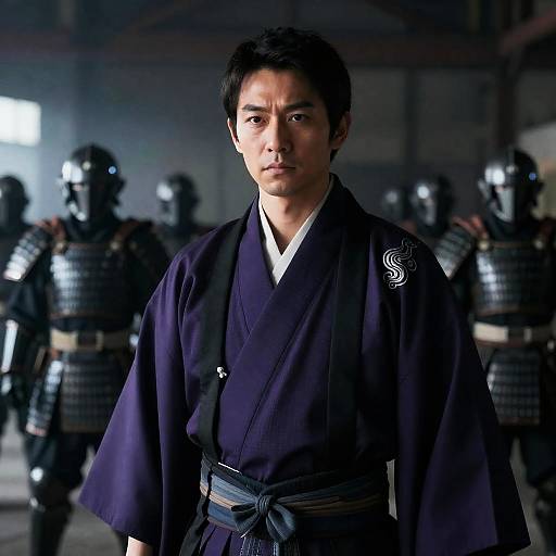 East Asian Man in Kimono with Armored Guards