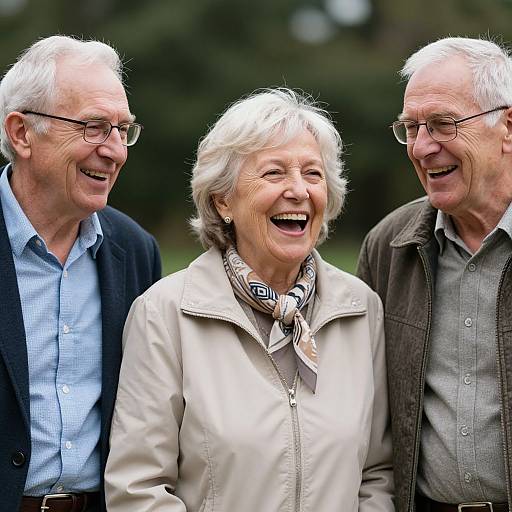 Photograph of three elderly white people with white hair, smiling outdoors; woman in beige coat and patterned scarf center, men in blue and gray shirts