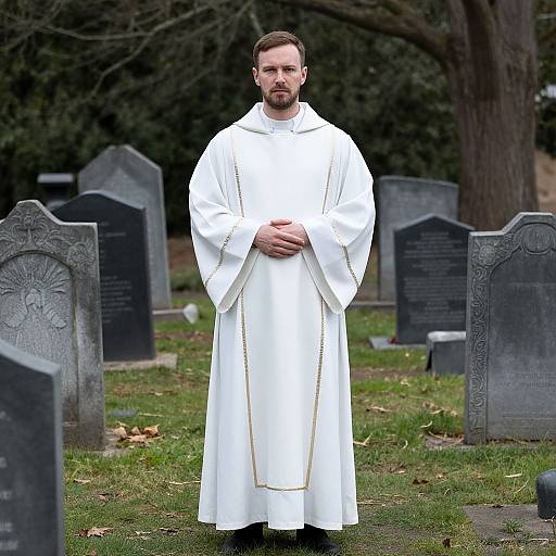 Photograph of a bearded Caucasian male priest in white robe standing in a cemetery with grey gravestones and leaf-covered grass.