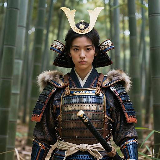 Photograph of an Asian woman in traditional Japanese samurai armor with intricate patterns, fur trim, and a crescent moon helmet, standing in a bamboo