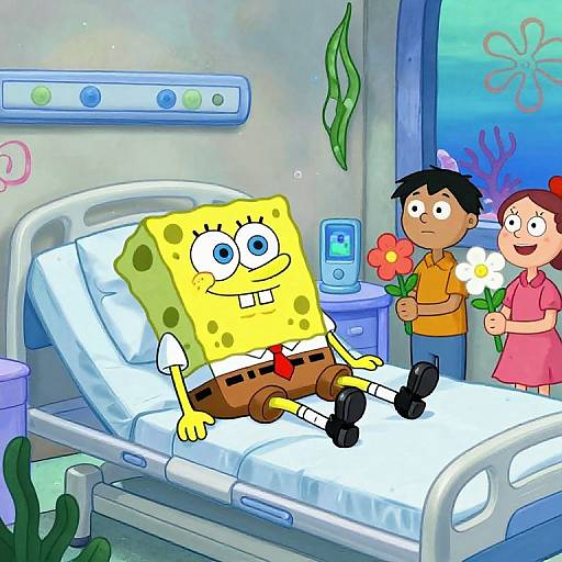 Cartoon image of SpongeBob SquarePants in a hospital bed, with Sandy holding flowers and a boy in an orange shirt beside him. Bright,