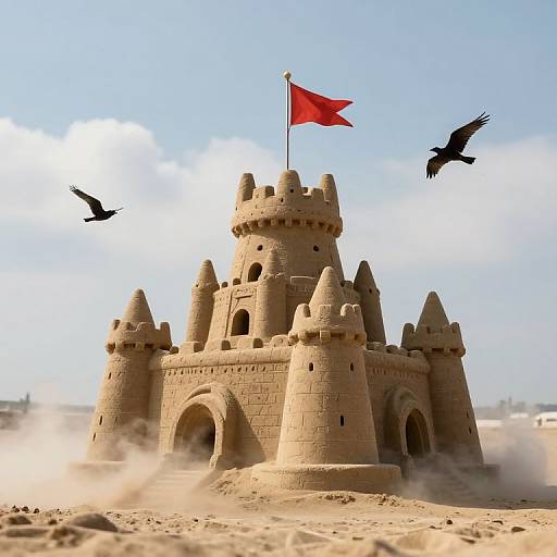 Photograph of a detailed sandcastle with a red flag, cylindrical towers, and crenellations, flanked by two flying black birds. Dust