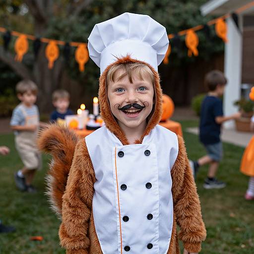 Photograph of a young boy in a brown squirrel costume with a white chef hat and buttons, smiling with a mustache, at an outdoor Halloween party