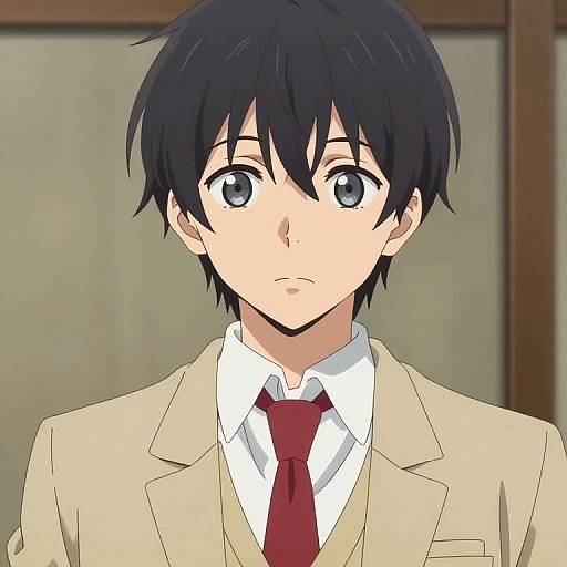 Anime-style digital drawing of a young man with short black hair, gray eyes, wearing a beige suit, white shirt, and red tie.