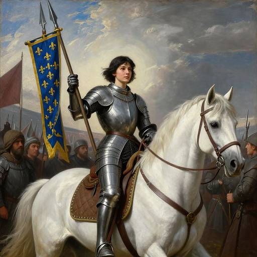 Painting of a medieval woman in silver armor, holding a flag with fleurs-de-lis, riding a white horse, surrounded by soldiers.