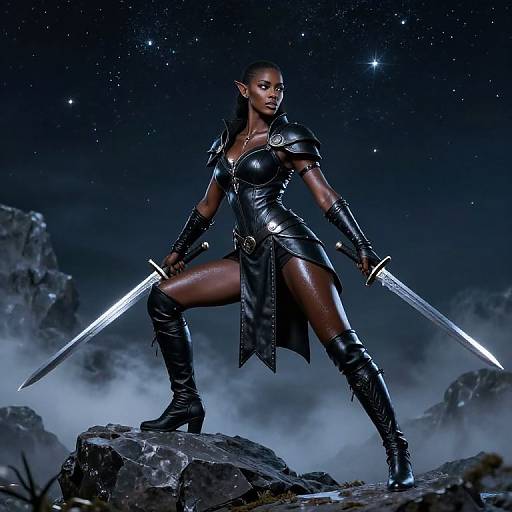 Digital artwork of a muscular, dark-skinned female warrior with pointed ears, black leather armor, and dual swords, standing on rocky terrain under a star