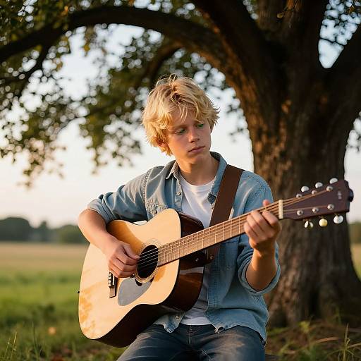 Blond Boy Playing Guitar Outdoors