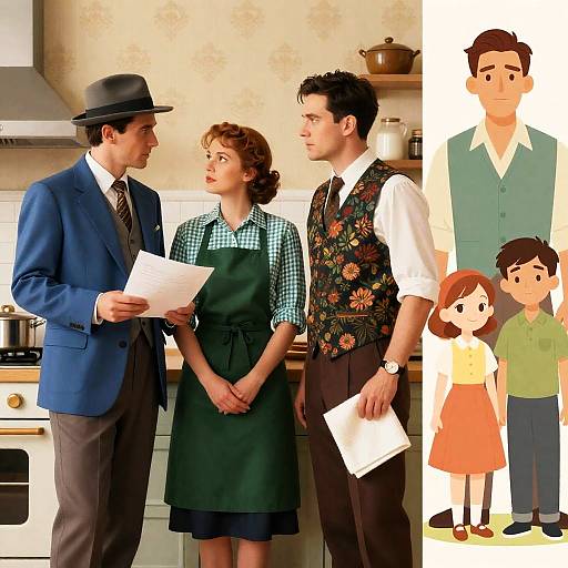 Vintage Kitchen Scene with Three Characters