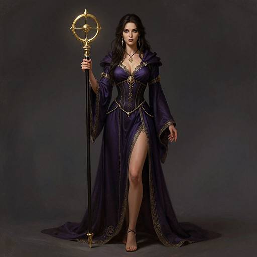 Photograph of a dark-haired woman in a dark purple, gold-trimmed, high-slit gown, holding a golden staff, standing against a