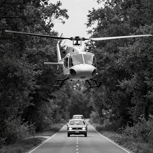 Black-and-White Helicopter Over Tree Tunnel