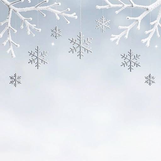 Digital illustration of white snowflakes hanging from the top against a gradient blue to white background, resembling a winter sky.
